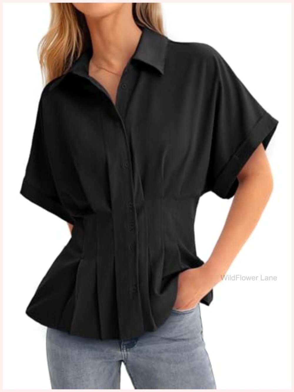 Women's Peplum Button Down Blouse Short Sleeve Fitted Waist Work Top